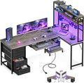 AODK 59 Inch L Shaped Desk with 4 Drawers Gaming Desk with Led Lights &amp Power Outlets Computer Desk with Pegboard &amp Keyboard Tray Reverisble Home Office Desk with Storage Shelves &amp CPU