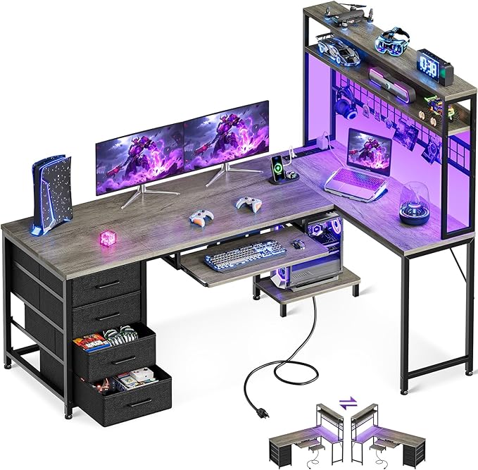 AODK 59 Inch L Shaped Desk with 4 Drawers Gaming Desk with Led Lights &amp Power Outlets Computer Desk with Pegboard &amp Keyboard Tray Reverisble Home Office Desk with Storage Shelves &amp CPU