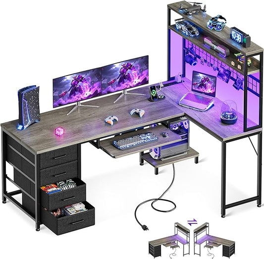 AODK 59 Inch L Shaped Desk with 4 Drawers Gaming Desk with Led Lights &amp Power Outlets Computer Desk with Pegboard &amp Keyboard Tray Reverisble Home Office Desk with Storage Shelves &amp CPU