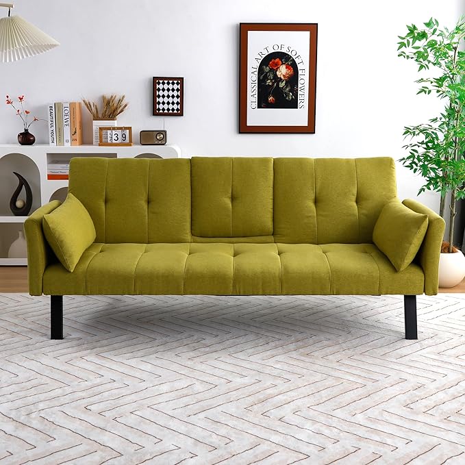 70 Convertible Sofa Bed Modern Futon CouchAdjustable Backrest Cotton Linen with Cup Holders and 2 Throw Pillows Sleeper Sofa for Living Room Apartment Small Space (Green)
