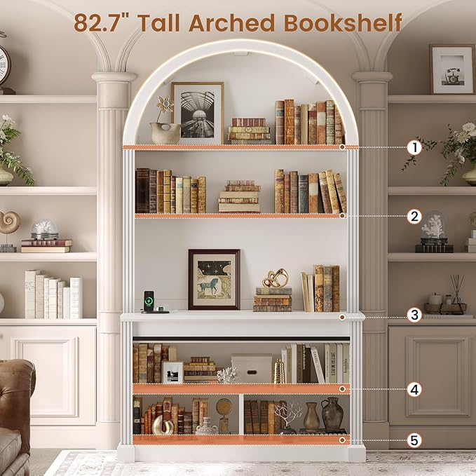 SEDETA 67 L Shaped Desk with Tall Arched Bookshelf Mid-Century Office Computer Desk with 3 Drawers and Storage Shelves Corner Executive Desk with Sliding Barn Door for Home Office White