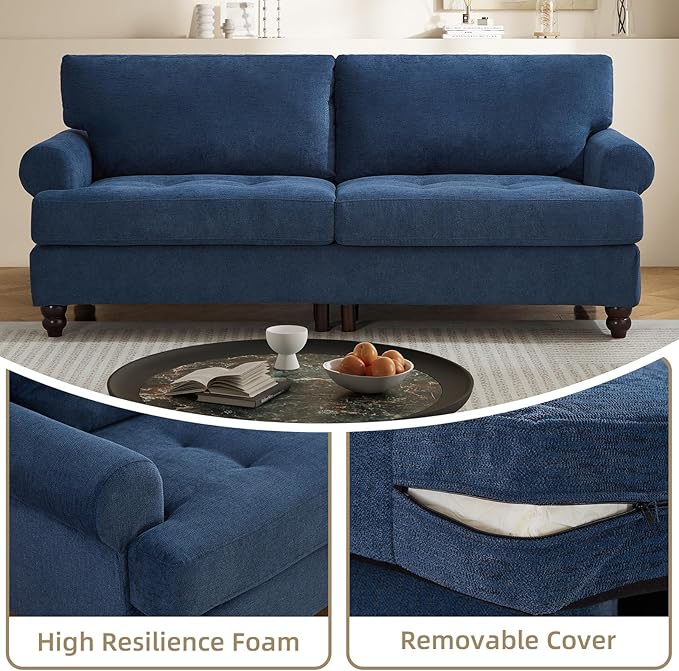 81” Rolled Arm Sofa Couch with Storage Mid Century Modern Decor Loveseat Couches for Living Room Button Tufted Upholstered Small Couch for Bedroom Apartment (Blue)