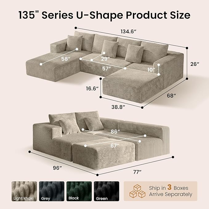 Belhome 135 Oversized Modular Sectional Sofa U-Shaped Cloud Couch with 59 Deep Seat Corduroy Boneless Couch with Convertible Chaise High-Resilience Foam Compression Sofa Camel 3 Packages