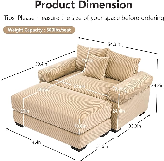 ERYE Modern Corduroy Upholstered Accent Chair and Ottoman Set Oversized Wider Seat Armchair Leisure Comfy Lounge Chaise with Removable CushionArmrests and 3 Pillows