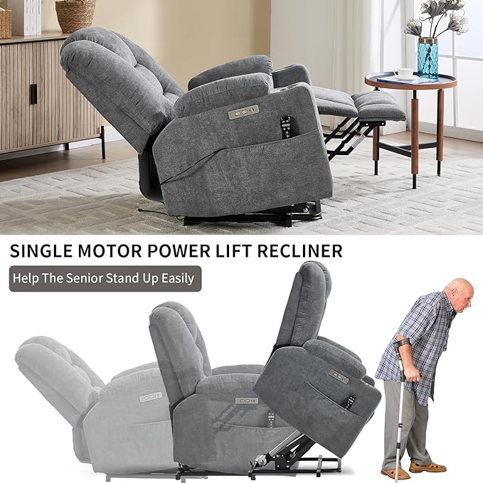 Power Lift Chair with Massage &amp Heat Electric Recliner Chairs for Adults Remote Control Sofa for Living Room Standing Assistance USB Ports Stainless Steel Cup Holders (Grey1)