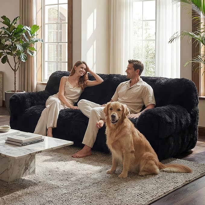 Black Compressed Couch 70 2-Seater Fluffy Faux Fur Boneless Loveseat Sofa with Memory Foam for Living Rooms Bedrooms Apartments No Assembly Required | Plush faux fur Memory foam comfort Zero as