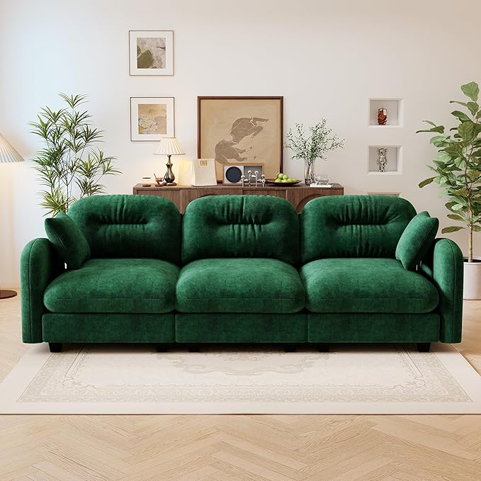 107 Sofas for Living Room Comfy Chenille Fabric Cloud Sectional Couch Modern Upholstered Deep Seat Sofa with Armrest Pillow 3 Seater Couch for Small Spaces Apartment Green
