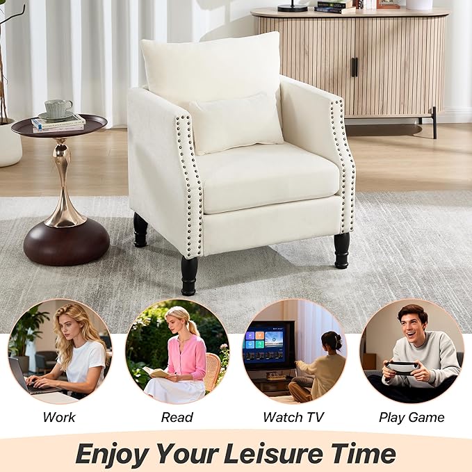 ABET Linen Accent Chairs Set of 2 Mid-Century Modern Reading Armchair with Removable Lumbar Pillow Upholstered Side Sofa Chair for Living Room Bedroom Beige