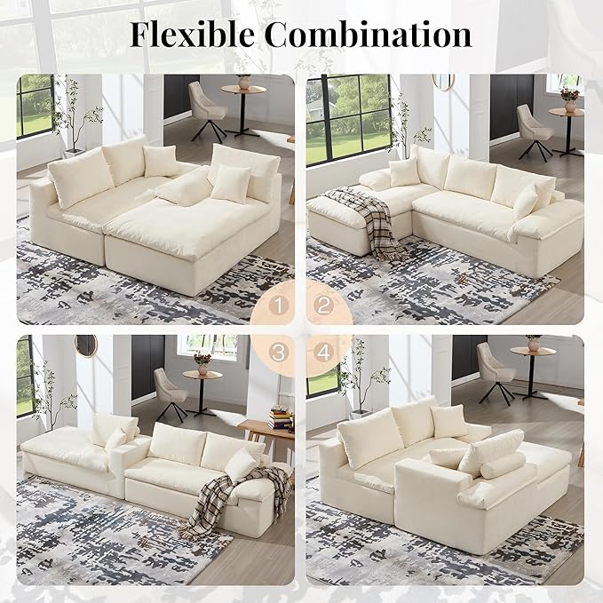 Jocisland 108-Inch Boneless Sofa No Assembly Required Cloud Sofa with Memory Foam Oversized L-Shaped Couch with Deep Seat and Oversized Chaise Modern Chenille Sectional for Living Room White