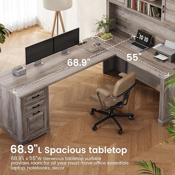 Itaar Farmhouse Executive L Shaped Desk Home Office Desk with File Drawer and Power Outlet Computer Corner Desk with Hutch and Drawer Workstation for Office Home Grey