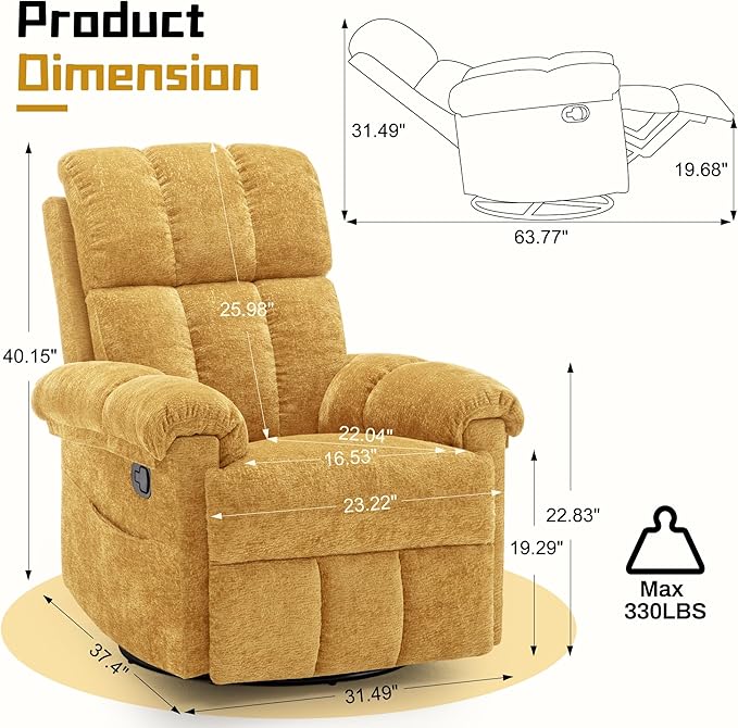 Recliner Chair Swivel Rocker Recliner Chair for Adults Small Recliners for Small Spaces Upholstered Manual Recliner with Side Pockets Nursery Rocking Chair for Living Room Chenille Yellow