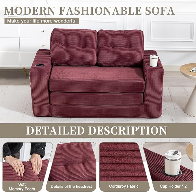 54 Convertible Sofa Bed 2-in-1 Boneless Folding Couch Bed with Cup Holder &amp Pocket Corduroy Fold Out Floor Couch with Pillows for Living Room Bedroom Small Spaces (Wine Red)