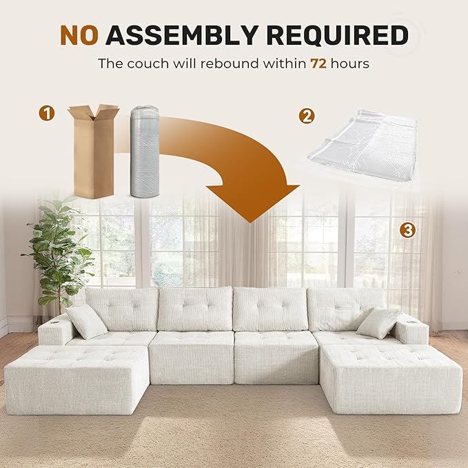 143 Modular Sectional Sofa for Living Room Convertible U-Shape Couch with Ottoman 6 Seater Modular Sectional SofaBeige Corduroy