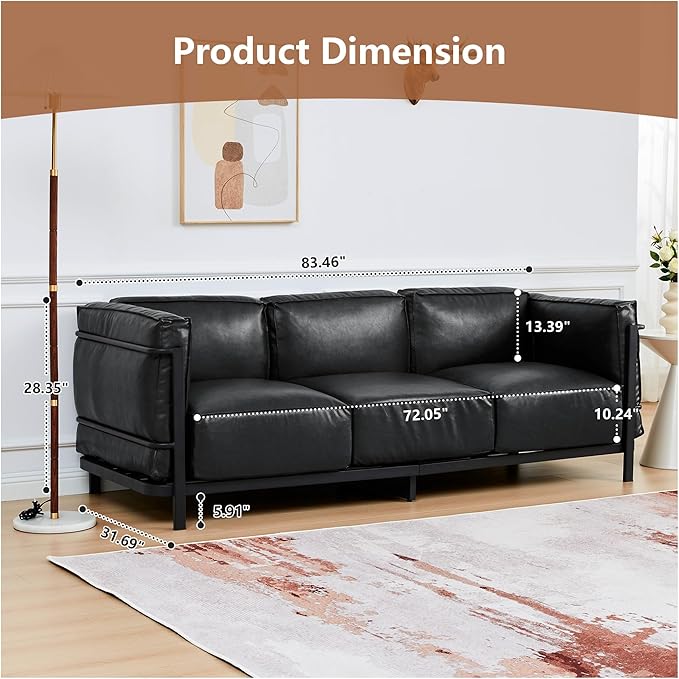 QHITTY 3 Seater Accent Sofa Mid-Century Modern Upholstered Couch Chair Faux Leather Sofa Couch with Iron Frame and Upholstered Armrest Backrest Cushion for Living Room Office Apartment (Black)