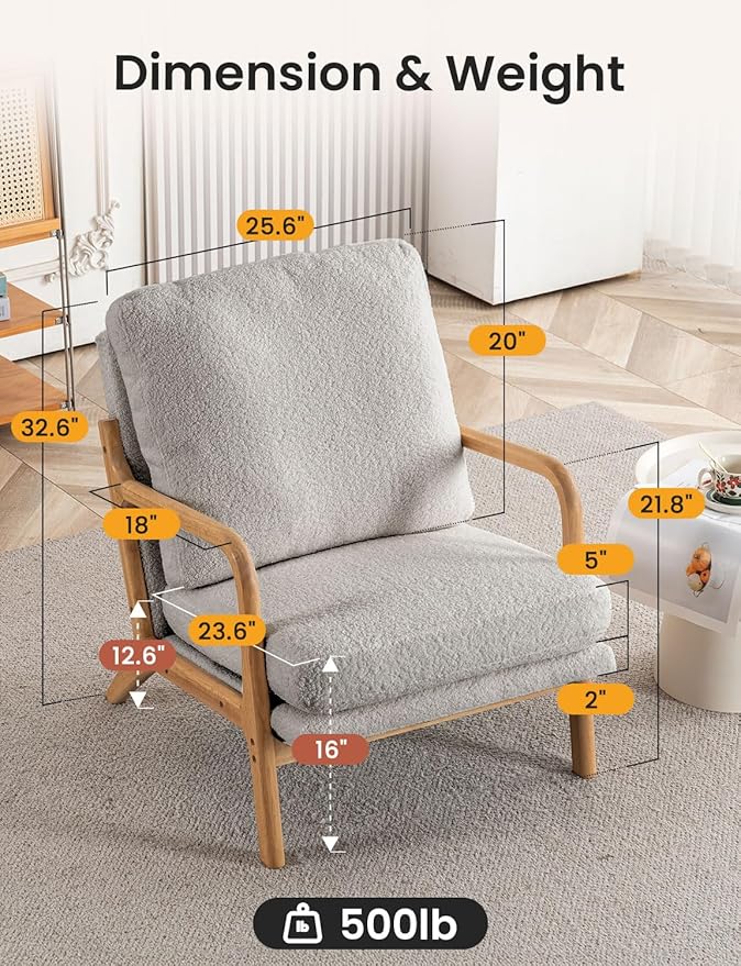 Mid Century Modern Accent Chairs for Living Room 23” Wide Comfy Chair for Bedroom Small Cozy Sherpa Reading Chairs for Adults 108° Lounge Arm Chair Indoor with Detachable Cover 5.5 Foam Cushion