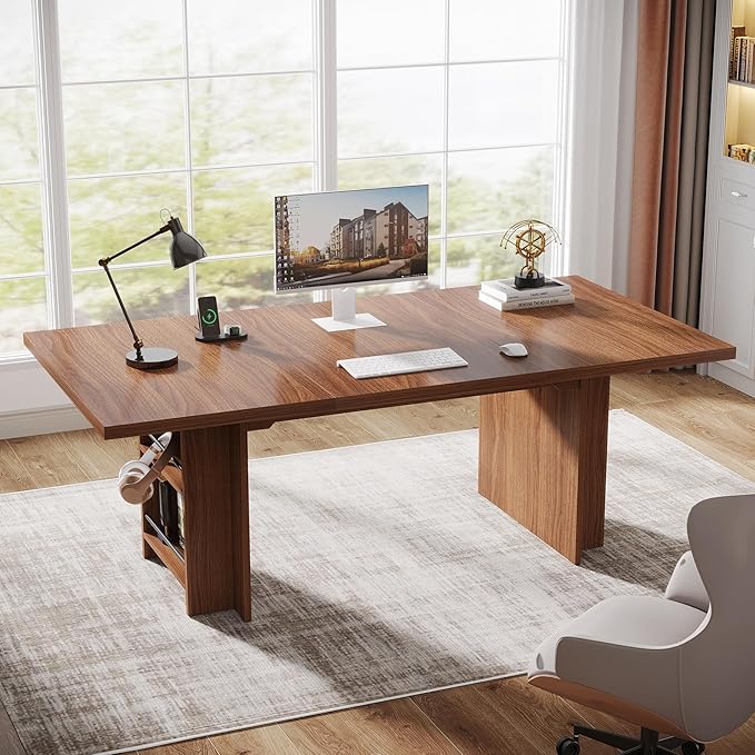 Tribesigns 62.99-Inch Computer Desk Modern Executive Office Desk Large Long Writing Table with Storage Shelves for Office Study Room (Brown)