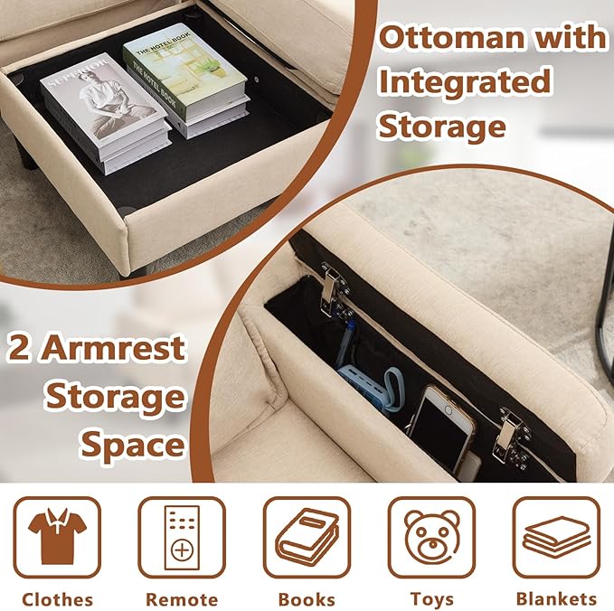 78 3 Seater Couch with Storage Ottoman/Cup Holders/USB Gray Small Sectional Couches for Living Room Cloud l Shaped Sofa for Small Spaces Apartment (Beige)