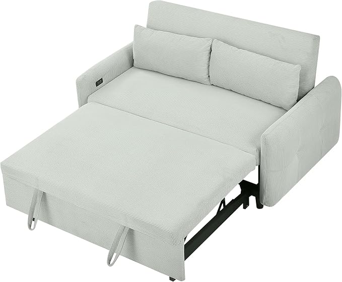 Pull-Out Sofa Bed Convertible Couch 2 Seat Loveseat Sofa Corduroy Fabric Upholstered Sleeper Sofa with 2 Throw Pillows and USB Ports for Living Room Office Apartment (Pale Green)