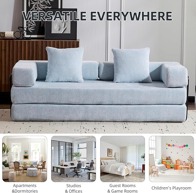 Folding Sofa Bed Convertible Sleeper Sofa Chenille Floor Couch with Pillows Fold Out Couch King Size Bed Futon  Foldable Memory Foam Mattress for Living Room Bedroom Playroom (Light Blue)