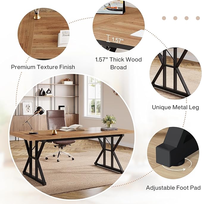 Tribesigns 70.86-Inch Large Executive Desk Industrial Home Office Computer Desk Simple Long Writing Study Table Business Furniture (Light Brown/Black)
