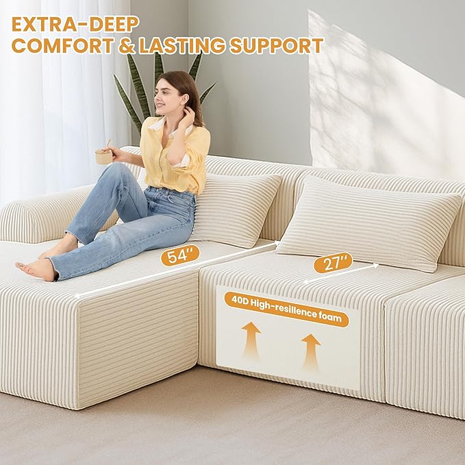 116 Boneless Couch Sectional Couches for Living RoomCloud Modular Sectional Sofa with Ottoman L-Shaped Modern Sofa with Deep Seat &amp High-Back DesignCorduroy 4-Seater Chaise Couch with 5 Pillows