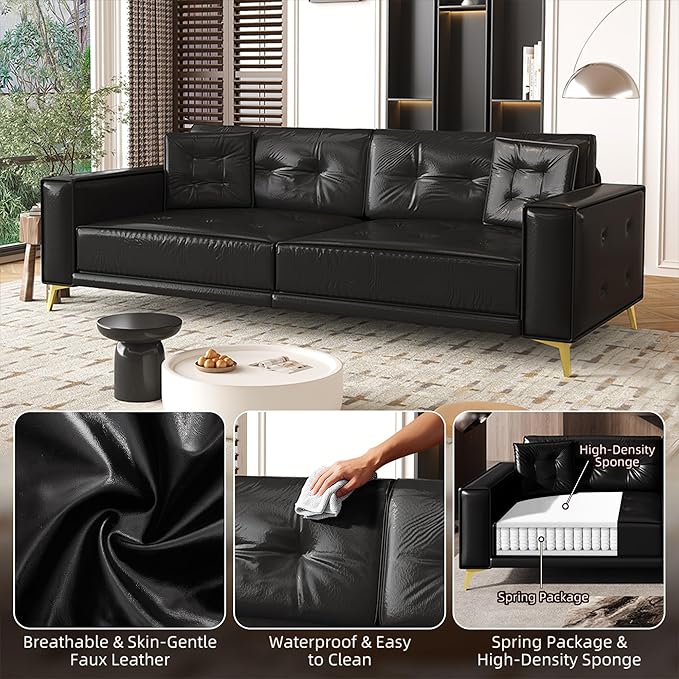 92.1'' King Pull out Sofa Bed Convertible Futon Couch 3-in-1 Faux Leather Sleeper Sofa with Tufted Back 2 Pillows Gold Legs Deep Folding Loveseat Couches for Living Room Apartment Black