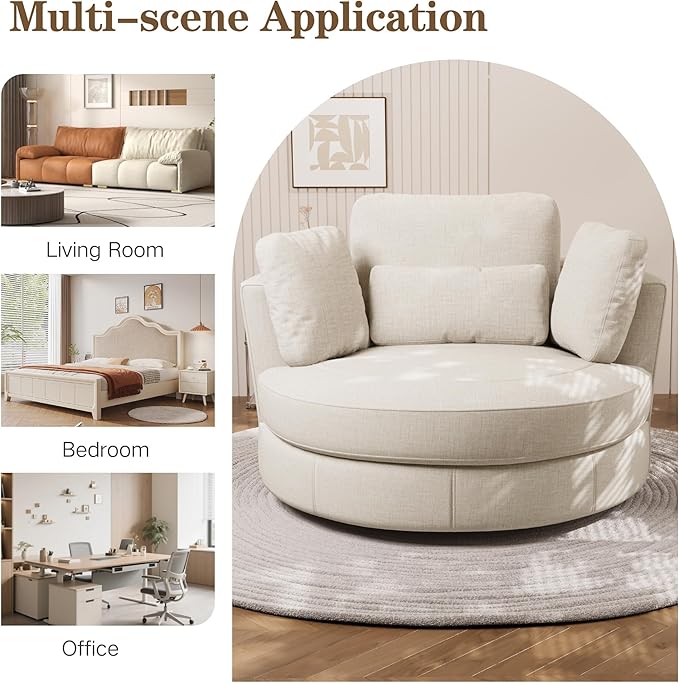 Chifee &amp Vingol 50.2 Oversized Swivel Accent Chair Upholstered Round Barrel Chair with Pillows Swivel Chairs for Living Room BedroomChenilleBeige