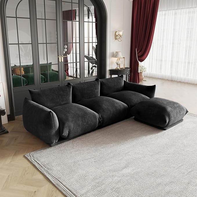 JACH 103 L-Shaped Sectional Couch Minimalist Chenille Modular Sofas Couches Mid-Century Sofa Sectionals with Reversible Chaise Ottoman for Living Room Office Apartment Black