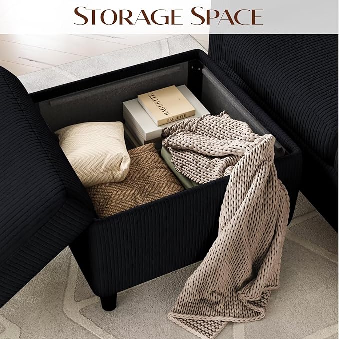 Convertible Sectional Couches for Living Room Modern Corduroy Couch Small Sofas for Small Space Apartment Office 3 Seats L Shaped Sofa with Storage Ottoman and 2 Cup Holders Black