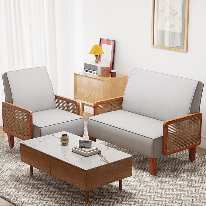 WENTMENT Loveseat Sofa Small Couch for Living Room Love Seat with Natural Rattan Armrest and Solid Wooden Legs Sofa for Small Space Bedroom Apartment（Grey）