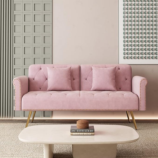 Modern Velvet 2 in 1 Futon Sofa BedConvertible Folding Sleeper Bed Couches with 2 Pillows63 Tufted Recliner Love Seat with Golden Chrome Legs for Living Room Apartment Office (Pink-New)