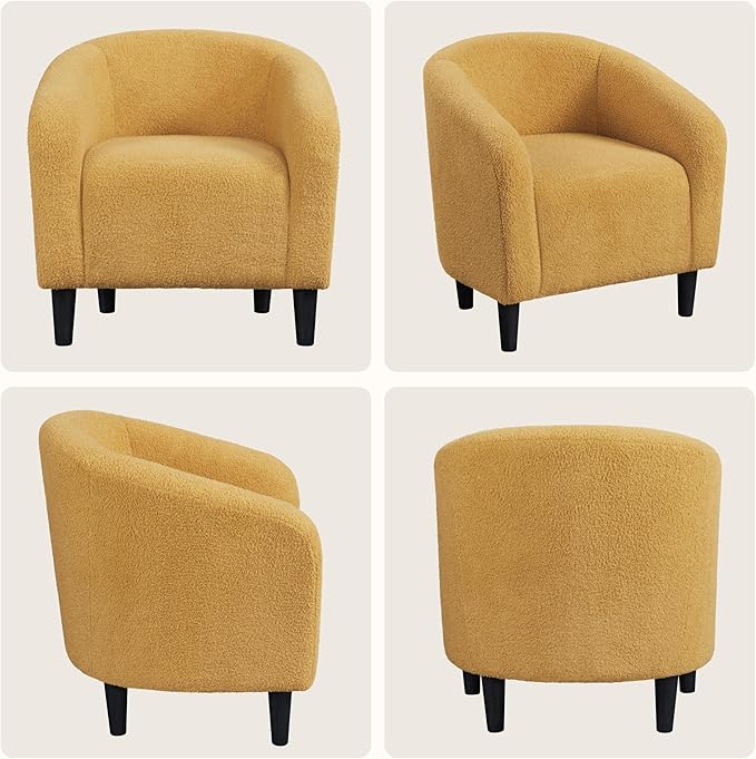 Yaheetech Accent Barrel Chair Boucle Fabric Club Chair Furry Sherpa Elegant and Cozy Soft Padded Armchair for Living Room Bedroom Reception Room Office Mustard Yellow