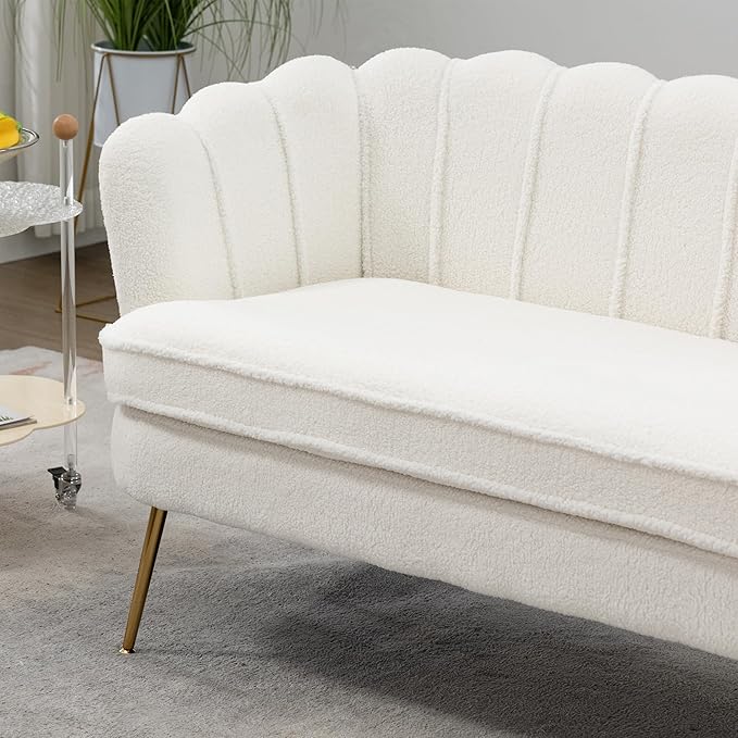 Modern Boucle Loveseat CouchFuton Small Sofa with Gold Metal Legs 2-Seater Upholstered Mini Sofa Couches for Small SpaceLiving Room Bedroom Office Dorm Studio Apartment Love Seat Couche(White)