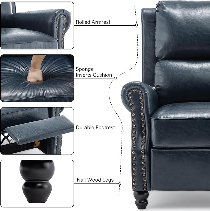 Faux Leather Recliner Chair Modern Pushback Armchair with Adjustable Backrest &amp Footrest for Bedroom Living Room (Dark BlueSet of 1)