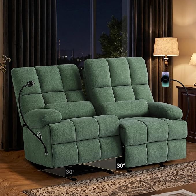 Rocker Recliner-Loveseat Recliner SofaCat-Proof Reclining Loveseat with Phone Holder RV Douber Recliner Sofa for Home TheaterLiving Room (Green-2 Seater) | Rocker Phone Holder