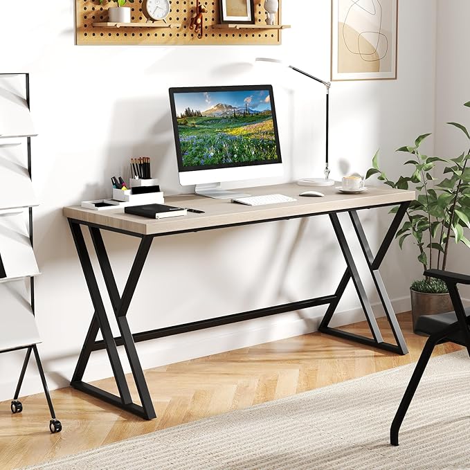 Giantex Large Computer Desk 59 Industrial Home Office Desk with Z-Shaped Metal Leg &amp Crossbar Rustic Laptop Computer Workstation Modern Simple Executive Writing Desk for Gaming Study Grey Oa