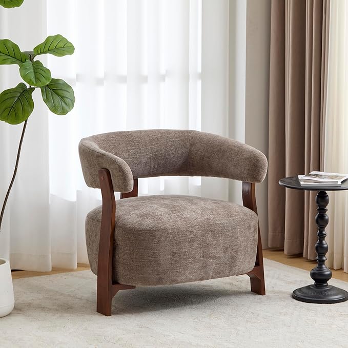 Christopher Knight Home Kled Upholstered Lounge Chair Indoor with Wooden Frame Modern Accent Chair for Living Room Comfy Reading Armchair with 3 Legs Design Thick Cushions Brown + Walnut