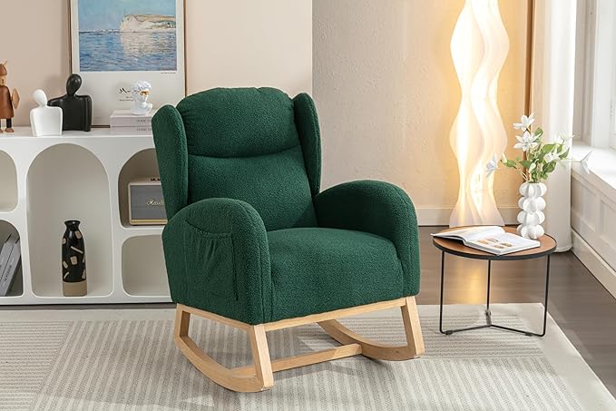 Green Teddy Fabric Rocking Chair with Wooden Legs Comfortable Armchair for Living Room Bedroom Lounging