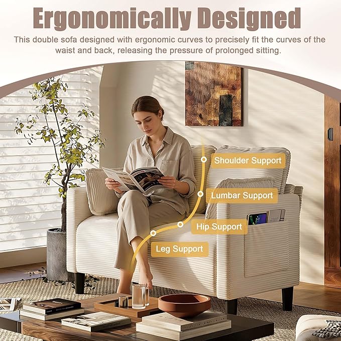 Beige Loveseats for Small Spaces 48 Inch Corduroy Couch with Side Pocket Modern 2 Seater Sofa Couch for Small Apartment Bedroom &amp Home Office High Rebound Sponge Easy Assembly (Beige 48”) |