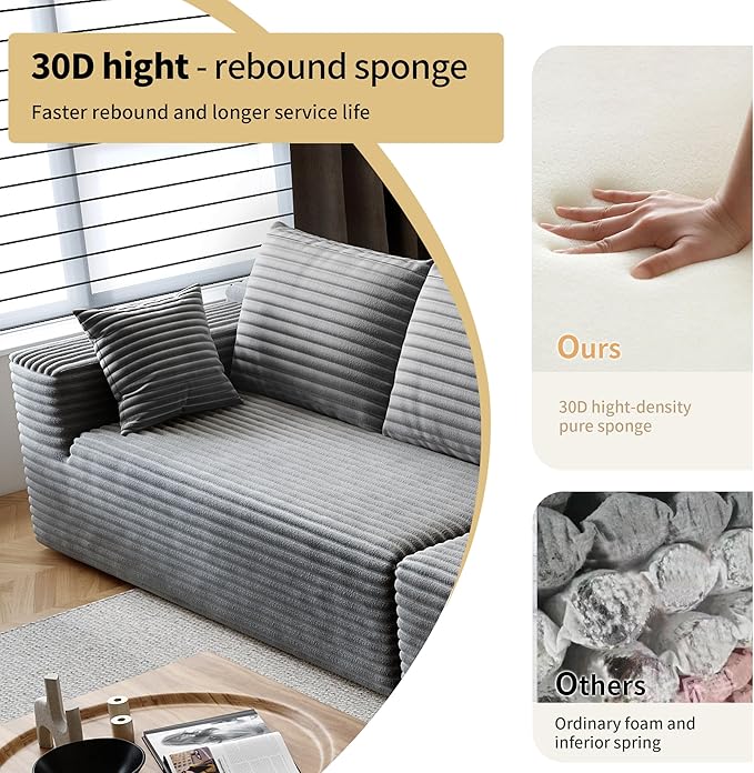 168.5 Cloud Sectional Sofa for Living Room Plush Corduroy Cover Fluffy Memory Foam Cushions No Assembly Required U Shaped Modular Chaise Lounge Oversized Comfortable Couches Set Grey