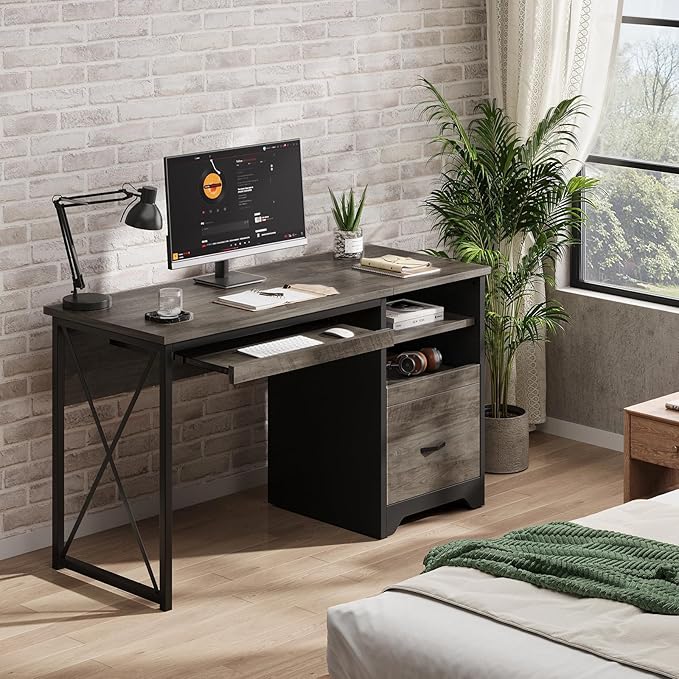 Bestier 47 Office Desk with Drawers Industrial Computer Desk with Drawer Reversible Teacher Desk with Storage &amp Keyboard Tray for Small Space Home Office &amp Studio Gray Wash