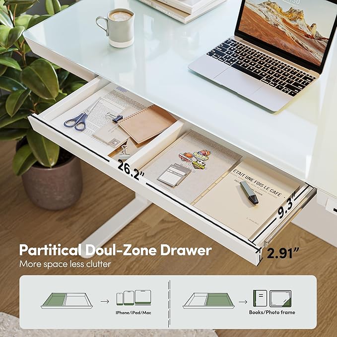 BANTI Electric Standing Desk with Drawers 55 inch Whole-Piece Glass Desktop Height Adjustable Stand up Sit Stand Home Office Ergonomic Workstation White Tabletop
