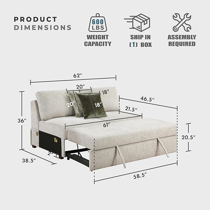 Lexicon Modular Sectional Sofa Module for Sectional Couch Armless Convertible 2 Seater with Pull-Out Bed Adjustable Backrests Removable Back Cushion Cover 2 Pillows Microfiber Sand