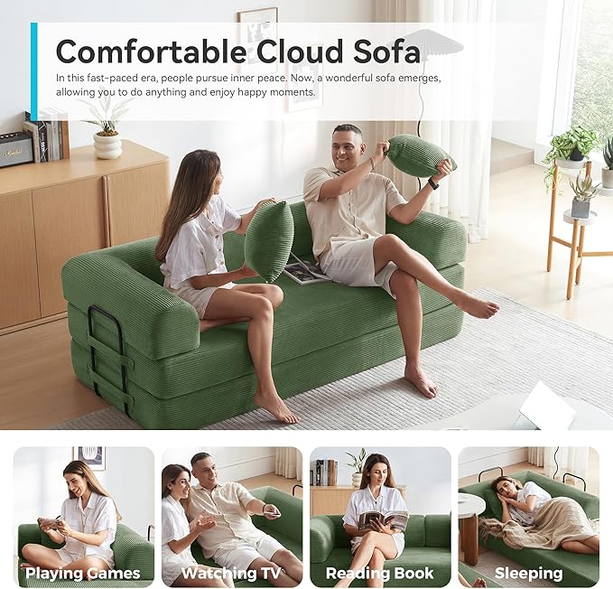 Convertible Floor Sofa Bed with Fixed-Shape Frame King Size Floor Sleeper 5-in-1 DIY Combination Modular Sofa Modular Chenille Folding Mattress Couch for Living Room Bedroom Playroom (Green)