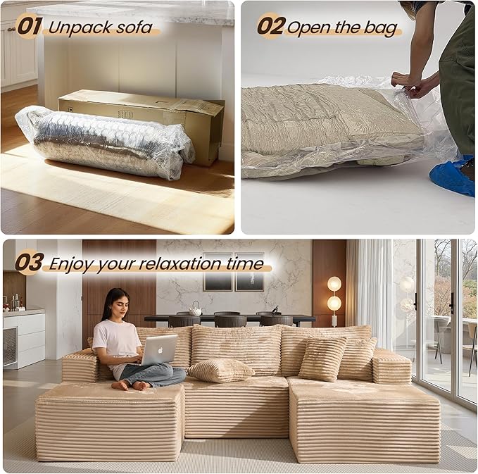 108 L Shaped Couch with Movable Ottoman Beige Boneless Memory Foam Modular Sectional Sofa with Right Facing Chaise Upholstered Corduroy U Couches for Living Room Bedroom No Assembly Required