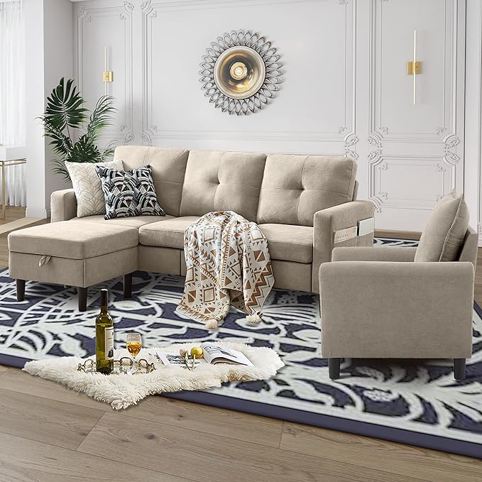 2 Piece Convertible Sectional Sofa Set 3-Seat L Shaped Couch with Storage Ottoman Side Pocket Single Seat Accent Chair Set for Small Spaces Polyester Fibre Beige