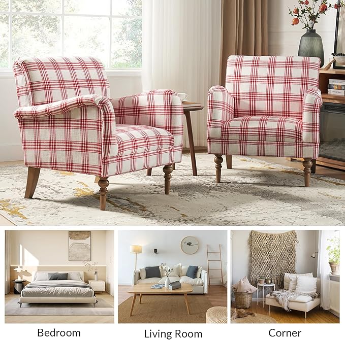 HULALA HOME Modern Accent Chair with Arms and Wooden Legs Comfy Upholstered Armchair for Bedroom Living Room (Plaid Pattern Red)