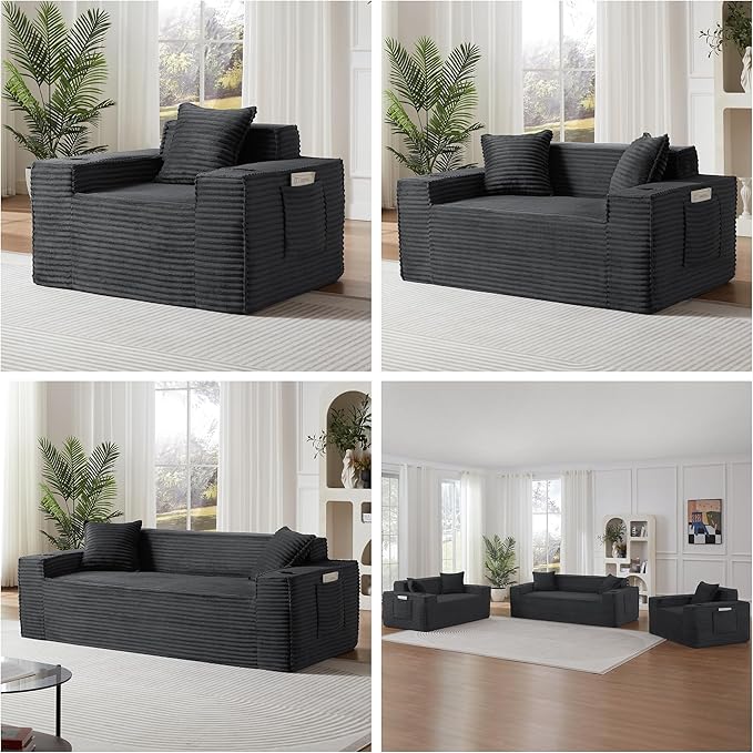 Boneless Sectional Sofa Couch with Cup Holders &amp Side Pockets Modern Corduroy Fabric Deep Seat Loveseat Cloud Couch for Living Room Office No Assembly (Grey)