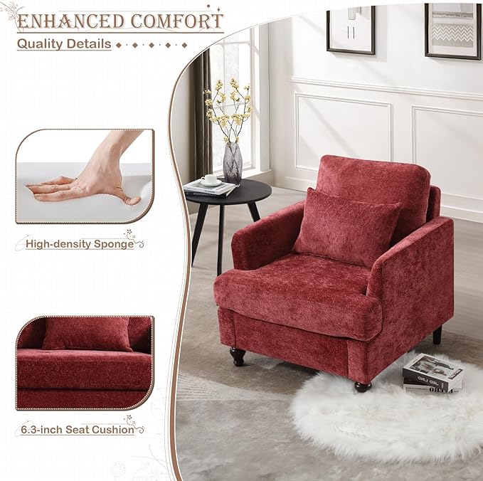 KINFFICT Modern Accent Chair for Living Room Upholstered Single Sofa Chair with Lumbar Pillow Comfy Armchair with Thickened Cushion Living Room Chairs for Bedroom Office Red Chenille