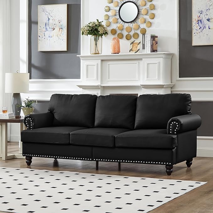 2 Pieses Living Room Sofa Sets Faux Leather Couch and Loveseat with Nailhead Decor Soild Wood Legs Rolled Armrests &amp Storage 2PCS Sofas 3 Seaters Couch and Love Seat for Living Room Furniture S